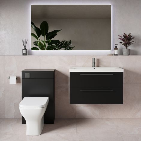 Napoli 390 Matt Black 1300mm Wall Mounted 2 Drawer Vanity Unit and Toilet Suite with Glide Basin - 1300mm - Gunmetal Grey 480mm HandleWith Kingston Toilet Pan and Seat