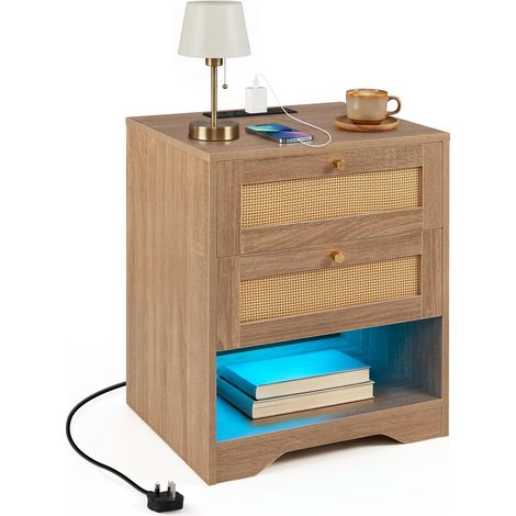 COSTWAY Table de Chevet Bois avec Prise, Lumière LED Réglable (1) (1/5)