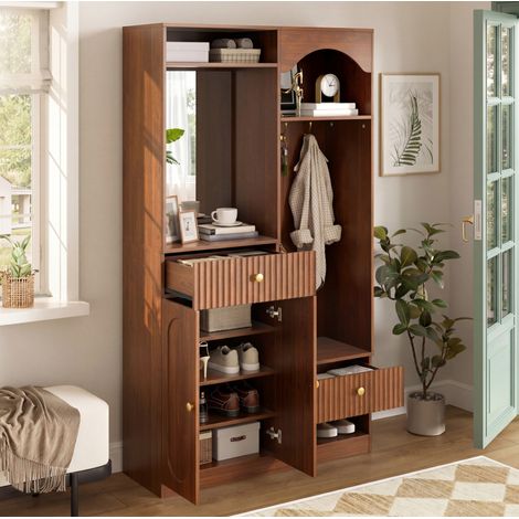 MEUBLIV Mueble recibidor con espejo, banco, almacenamiento, LED multicolor, nogal (1/5)