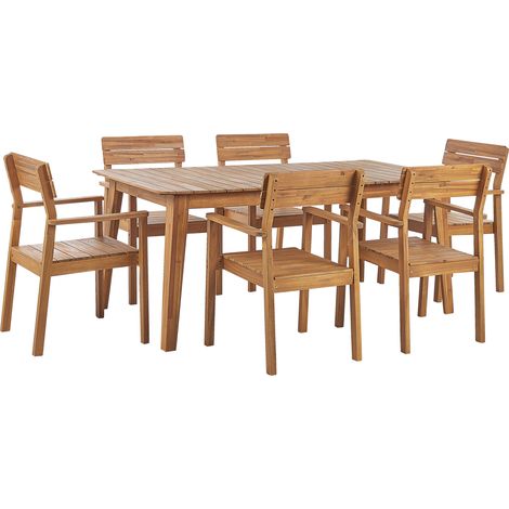 Conjunto de comedor 6 plazas de madera de acacia clara 180 x 90 cm sillas con reposabrazos rústico exterior Fornelli