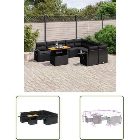 The Living Store 10-tlg. Garten-Sofagarnitur mit Kissen Schwarz Poly Rattan - Gartenmöbel Set - PE-Rattan Möbel - Outdoor Lounge - Gartenlounge - Terrassenmöbel (1/3)