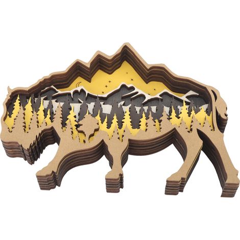 Ornement en bois sculpté 3D, buis, artisanat multicouche, animal creux, décoration de bureau pour Halloween et Pâques, bison (1/5)