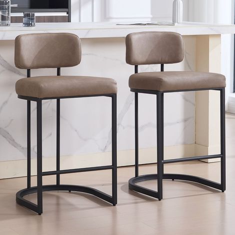 Wahson Bar Stools 2Pcs in PU Leather Modern Industrial Counter Chairs with Metal Frame for Home Bar Pub Restaurant, Khaki
