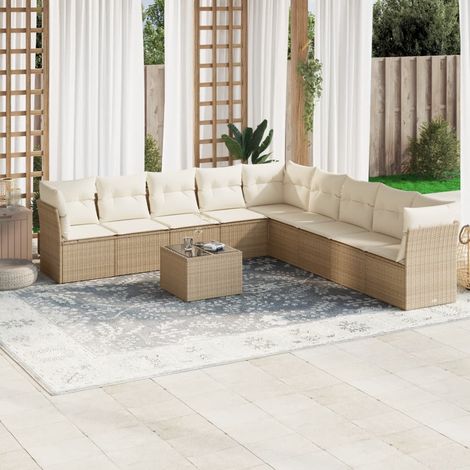 Ensemble Salon Jardin 10 Places Résine Tressée Beige avec Coussins - 6 Sièges Centraux, 3 Sièges Coin, Table Verre Trempé - Meuble Extérieur Modulaire (1/3)