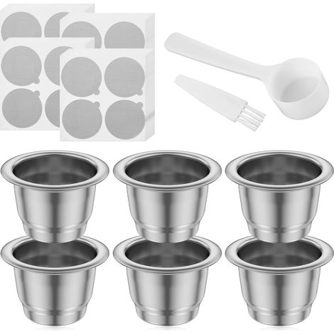 Lot de 6 capsules à café réutilisables en acier inoxydable - 37 x 24 mm - Facile à utiliser avec brosse - Filtre de rechange rechargeable avec cuillère - Capsules à expresso pour Nes.presso Essen.za (1/4)
