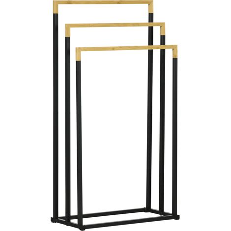 Porta asciugamani da bagno a 3 barre in acciaio e bambù nero (1/5)