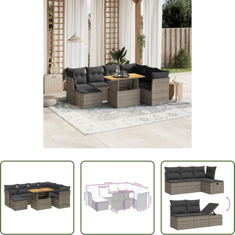 vidaXL Gartentisch mit Bezug - 8-tlg. Garten-Sofagarnitur mit Kissen Grau Poly Rattan (1/5)