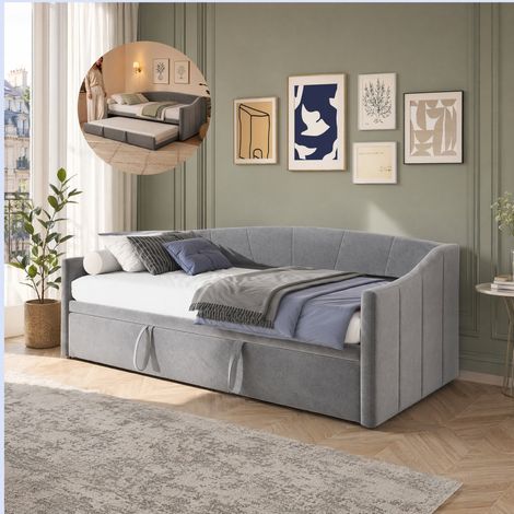 canapé lit 90/180 x 200 cm, lit gigogne extensible avec dossier et accoudoirs, sommier à lattes en bois, lit Simple/Double, velours, gris