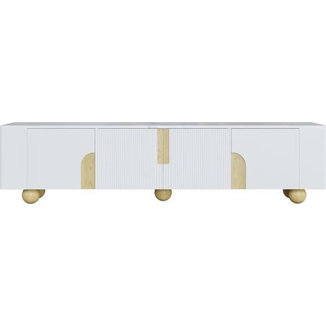 Mobile TV bianco 180 cm a 4 ante con finitura effetto marmo e piedini in legno sferici (1/5)