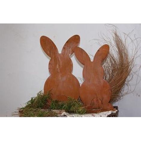 Lot de 2 Lapins de Pâques Décoration Jardin et Salon en Métal Patiné Rouille 25 et 30 cm - PANGIVO