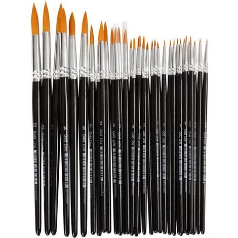 Assortiment d'excellents pinceaux ronds à manche court en bois et à poils en nylon - conviennent pour la plupart des peintures. (1/3)