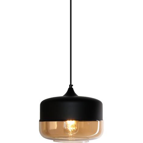 Lampada a Sospensione, Lampada da Soffitto in Vetro, Illuminazione con Paralume Marrone Trasparente per Soggiorno Sala da Pranzo Nero - Ø25cm Cilindro Piatto