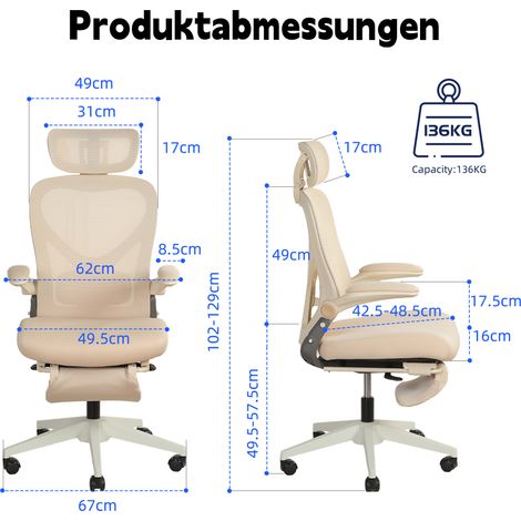 Chaise de bureau ergonomique pliable, petite chaise pliante peu encombrante avec soutien lombaire, coussin d'assise en mousse, accoudoirs rabattables, appui-tête 3D et repose-pieds, couleur crème. (1/5)