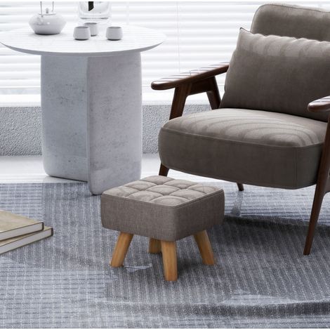 Pouf poggiapiedi quadrato in tessuto effetto lino, gambe in legno, grigio, 27 x 27 x 26 cm (1/5)