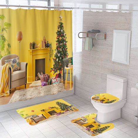 4 pièces, Rideau de douche, Tapis de douche, Couvre-abattant, Tapis en forme de U, Décoration salle de bain Noël (1/5)