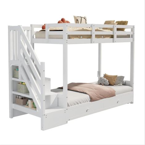 Lit mezzanine enfant 90 x 200 avec canapé réglable, escalier-rangement et 2 tiroirs, blanc, structure bois et MDF, pour chambre gain de place  CHICFURN (1/5)