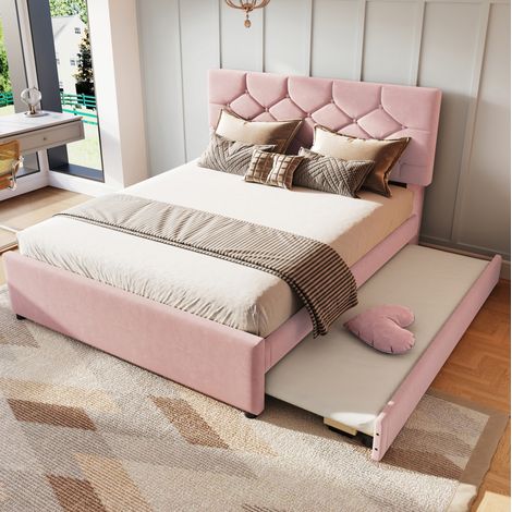 MEUBLIV Cama 140x200 cm rosa con cama nido, sin colchón (1/5)