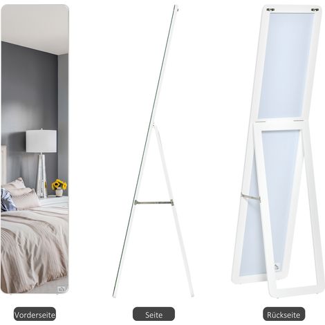 Miroir au sol grand format avec cadre inclinable, miroir de maquillage, autoportant ou mural, résistant, pour chambre ou dressing, en panneau de pin MDF, blanc, 37 x 43 x 156 cm