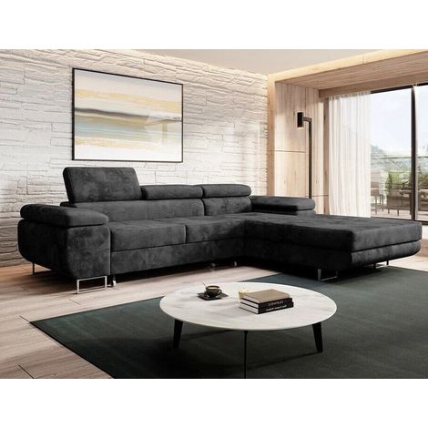 Alvaro Velvet Left Hand Facing Corner Sofa Bed with Storage and Lift Mechanism - Dark Grey (1/4)