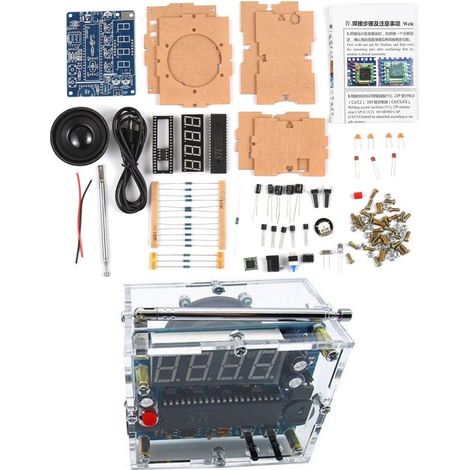 Kit radio FM digitale a LED per auto-assemblaggio, modulo, SCM, kit di saldatura pratica, altoparlante 5W, frequenza regolabile 87-108MHz, cavo USB, 5V DC, custodia trasparente (1/5)