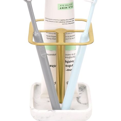 Support de brosse à dents en acier inoxydable, base en résine à motif marbre avec 3 sections de rangement, support décoratif pour évier de salle de (1/5)