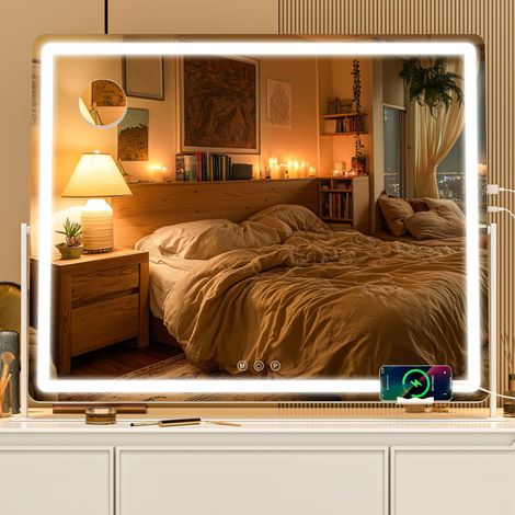Miroir de beauté avec lumières, 70 x 50 cm Miroir de Maquillage LED avec grossissement 10x et 3 températures de Couleur, Miroir de Table à Commande Tactile, Rotation à 360°, Blanc (1/5)