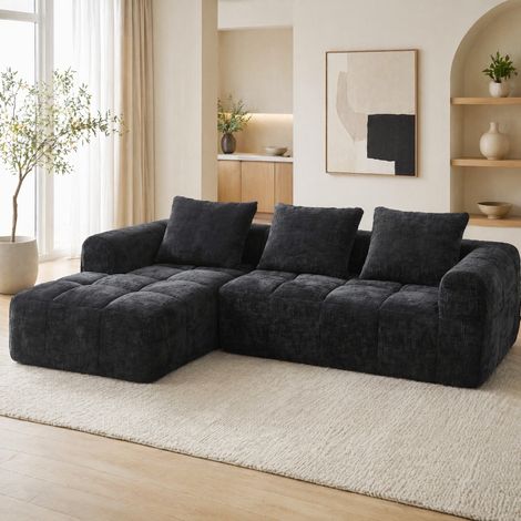 Divano modulare in chenille nero 250x158 cm con chaise longue e tasche laterali (1/5)