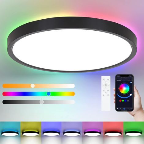 ZMH Plafonnier LED Noir Plafonnier Changement de couleur - Panneau plat Smart rétroéclairage RGB avec télécommande App Lampe 36W ronde pour salon chambre enfants