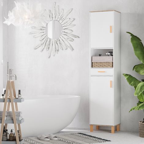 Meuble de salle de bain gain de place, colonne en bois blanc