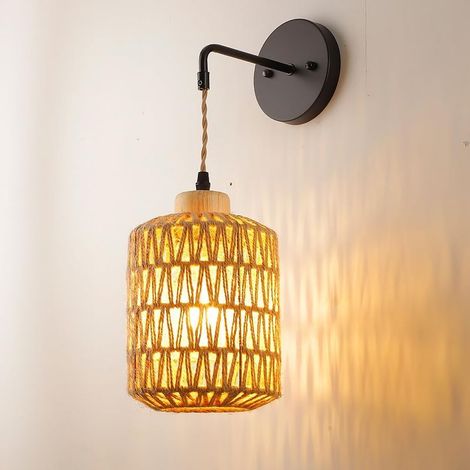 Bohemian Rattan Wall Lamp (Bulb Not Included) – Handcrafted Wall Sconce with Metal Shade and Handwoven Hemp Rope for Bedroom, Living Room, Hallway (1/5)