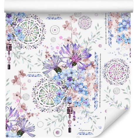 Carta da parati moderna con fiori e ornamenti ad acquerello per soggiorno e camera da letto 50x1000 (1/5)