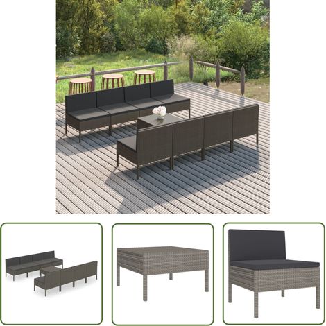 The Living Store Salon de jardin 9 pcs avec coussins Résine tressée Gris - Salon De Jardin - Mobilier De Jardin - Set De Jardin - Meubles D'extérieur - Résine Tressée (1/5)