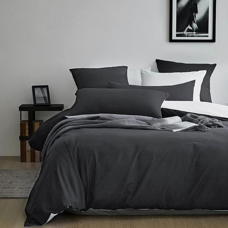 Housse de Couette 140x200 Coton, Gris Anthracite Parure de Lit 140x200 Coton avec 1 Taie d'oreiller 65x65 cm, 100% Coton Lavé, Certifié Oeko-TEX, Parure Housse Couette avec Fermeture Éclair (1/5)
