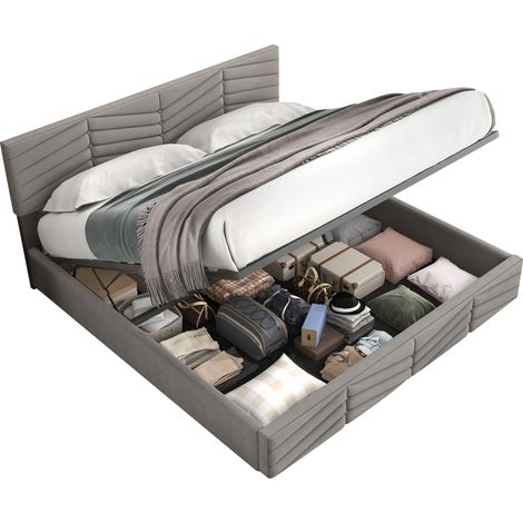 Lit coffre 160 x 200 cm en velours gris, double avec tête de lit réglable, sommier hydraulique et rangement intégré, style européen à bandes  CHICFURN (1/5)