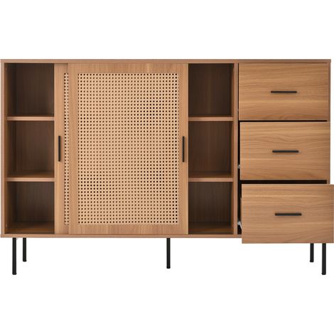 Credenza con 2 ante scorrevoli e 3 cassetti, ripiani regolabili, effetto legno naturale 140 cm (1/5)