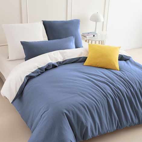 Parure de lit 180 x 200 cm en coton denim bleu/blanc – Parure de lit 3 pièces douce, 100 % coton lavé, comprend 1 housse de couette 180 x 200 cm et 2 taies d'oreiller 80 x 80 cm avec fermeture (1/5)
