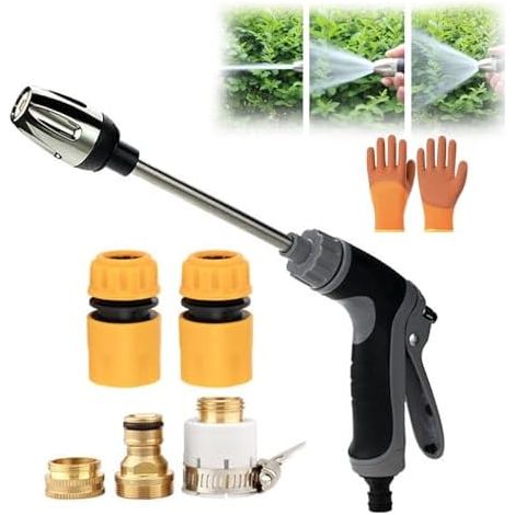 High Pressure Washer Gun, Stainless Steel Hose Nozzle Wand with Connectors and Gloves, for Car Washing, Garden Watering, Patio Window Cleaning (No hose) No - (1/5)