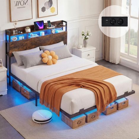 Ambiance lumineuse et rangement, lit double flottant métal avec LED RGB, tête de lit avec charge, sans sommier (1/5)