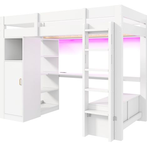 Cama alta 90x200 con armario, estantes, escritorio, LED y puerto USB, blanco (1/5)