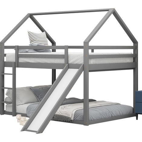 Lit superposé enfant cabane avec toboggan et échelle en pin gris 140x200 cm, sommiers à lattes inclus (1/5)