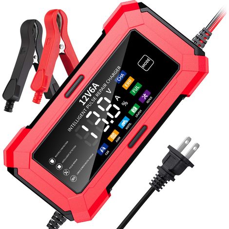 12V 6A RougeChargeur 12V 6A pour batteries de voiture, batteries de moto et batteries au plomb-acide et lithium-fer (1/4)