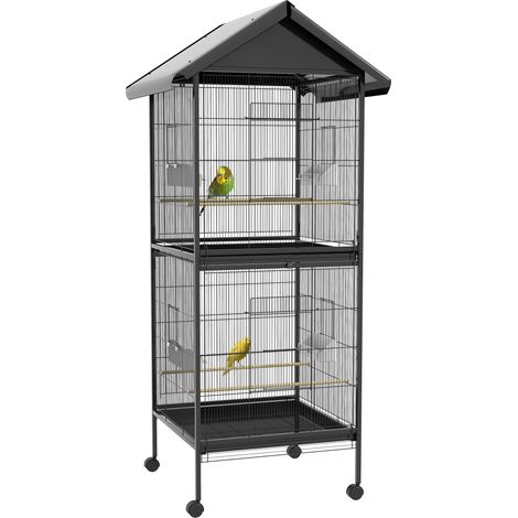 Gabbia uccelli su ruote con vassoi plastica rimovibili e trespoli, metallo, 71,8x71,8x170,2 cm, nera