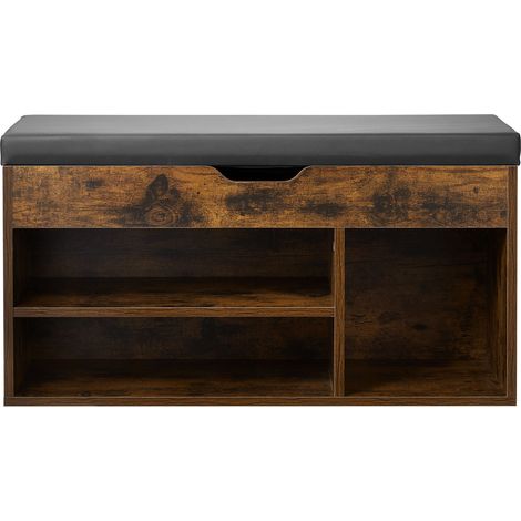Schuhbank für den Eingangsbereich aus Holz, braun-schwarz, mit gepolsterter Sitzfläche, Stauraum unter dem Deckel und 3 Fächern, 80,5 x 30,5 x 44,5 cm (1/5)