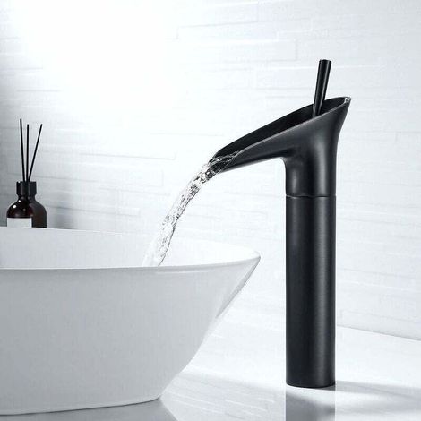 Robinet de salle de bain noir, robinet cascade, mitigeur de lavabo rétro noir à poignée unique, robinet de salle de bain haut en laiton, robinet de lavabo, robinet d'évier