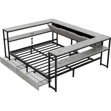 Cama banco 140x200 gris con 2 cajones y somier metálico, MDF y metal (1/5)