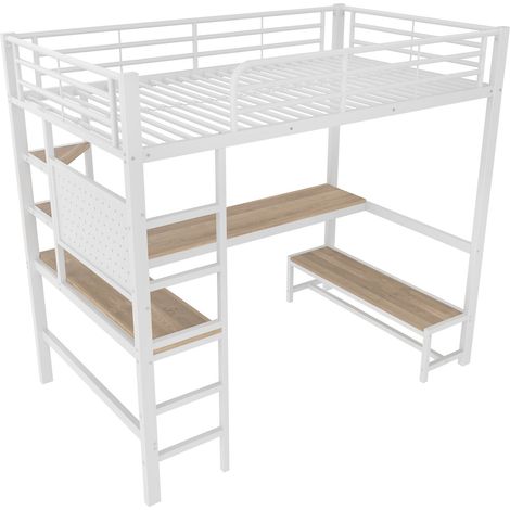 Lit mezzanine, 90 x 200 cm, cadre en fer, bureau, garde-corps, échelle, plusieurs étagères, avec prise USB+Type-C, avec bande LED, avec panneau perforé, sans matelas, blanc