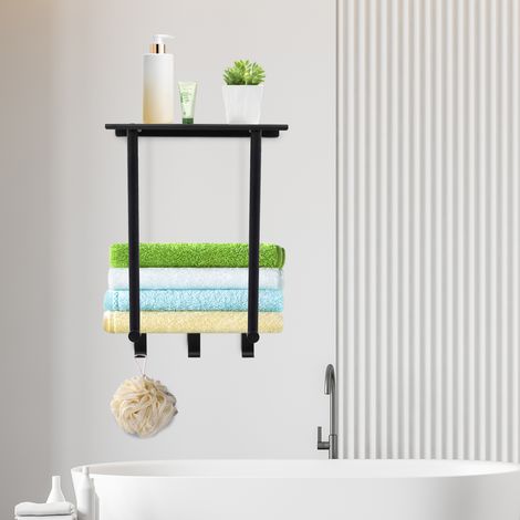 Porte-serviettes de salle de bains, porte-serviettes avec tablette et 3 crochets, porte-serviettes mural noir, support de rangement métallique pour serviettes de salle de bains (1/5)