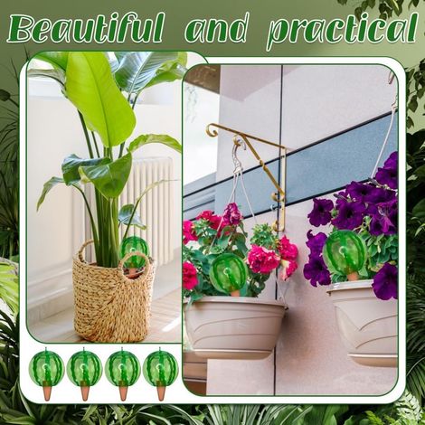 Lot de 4 boules d'arrosage automatiques pour plantes capacité 500 ml en forme de pastèque pour pots de fleurs couleur verte (1/5)