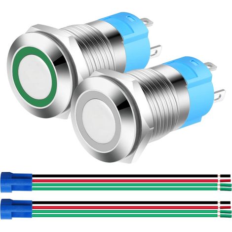 2pcs 12mm Momentané Bouton Poussoir en Acier Inoxydable,12V-24V 3A Normalement Ouvert SPST on Off Bouton Étanche avec Fiche à Douille(Blanc+Vert) (1/5)