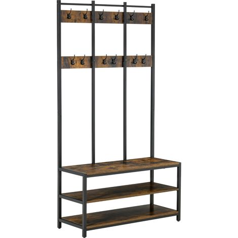 Coat Rack Stand, Free Standing Hall Tree, Coat Stand with Hooks, Bench and Shoe Rack, 100cm x 38.5cm x 185.5cm, Industrial Style, Rustic Brown and Black